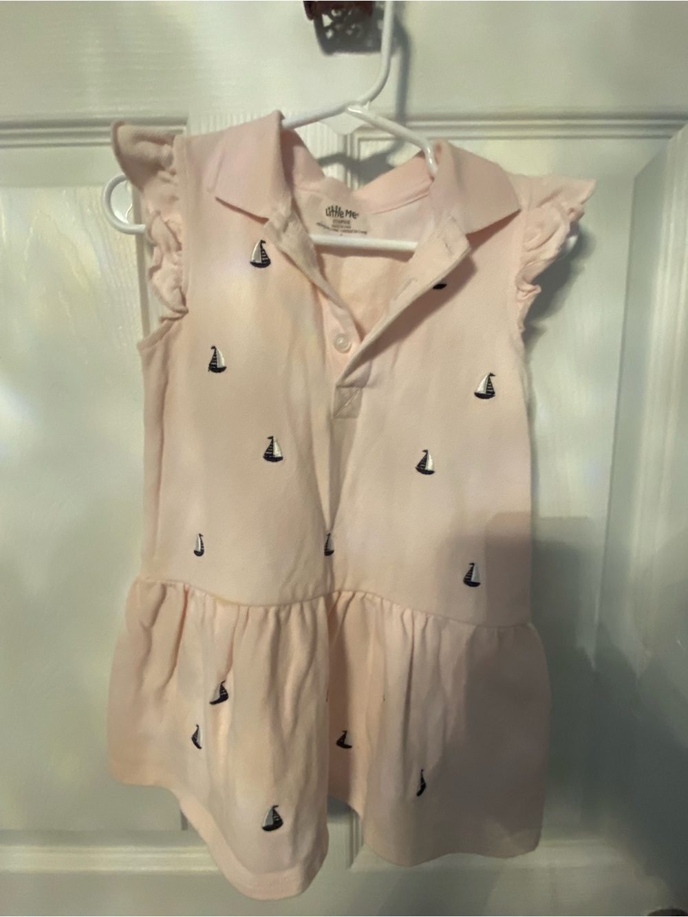 Little Me Light Pink Polo Dress with Navy Sailboat Embroidery